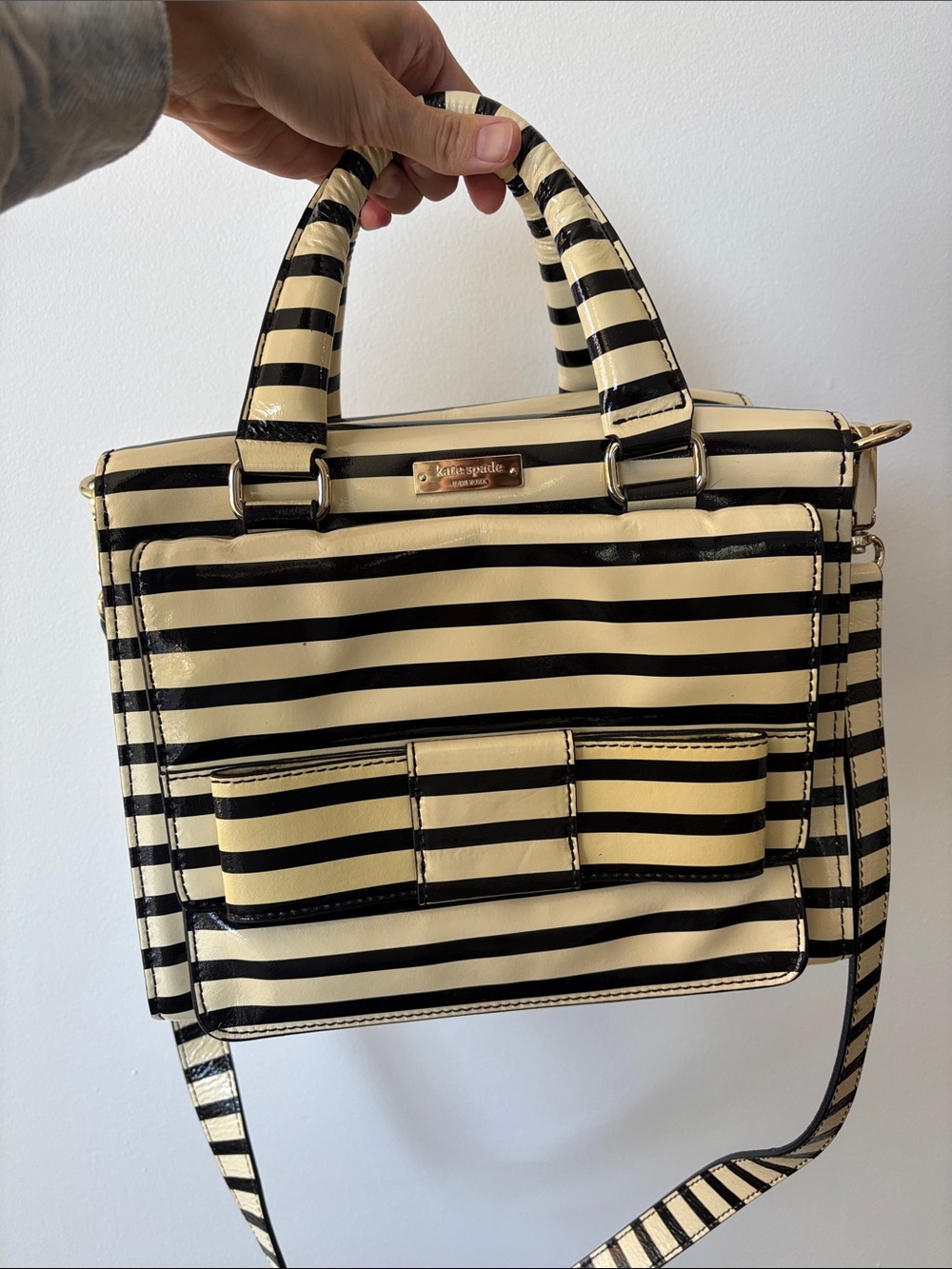kate spade Black and Cream Striped Bow Satchel with Top Handle